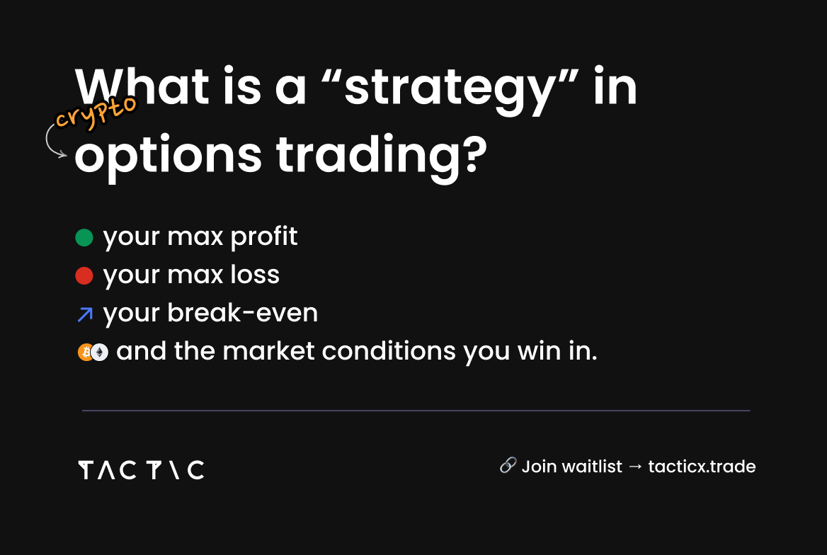 Tacticxtrade's tweet image. What is a “strategy” in #OptionsTrading ?

It’s not a guess. 🤔
It’s not a prediction. 🫣
It’s a structured plan where you know 🧩 -

🟢 your max profit
🔴your max loss
📊your break-even
📈and the market conditions you win in

#CryptoTrading  #StrategyBuilder #CryptoOptions