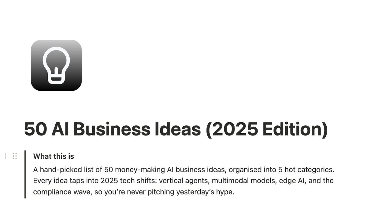 Zephyr_hg's tweet image. I'm watching people build profitable AI businesses while everyone else is still "researching."

Compiled 50 proven AI business ideas with exact revenue models and tech stacks needed.

Each one includes MVP scope so you know where to start tomorrow.

These aren't theoretical—real…