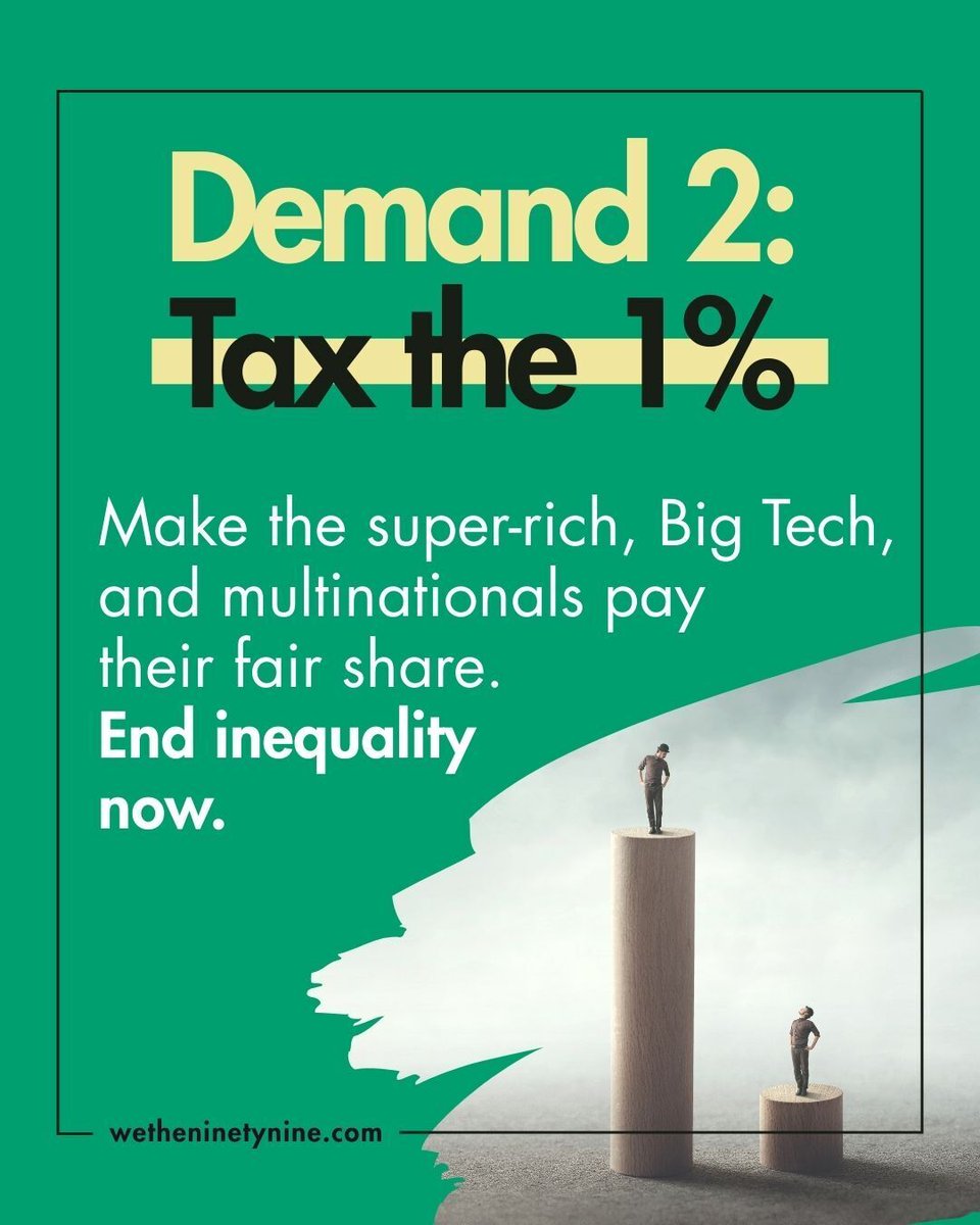 The super-rich, Big Tech, and multinationals must pay their fair share. ​ It’s time to tax the 1% and redistribute wealth for the common good.  💰

 Read the full Johannesburg We The 99 declaration: wetheninetynine.com/declaration/ 

 #TaxThe1Percent #WeThe99