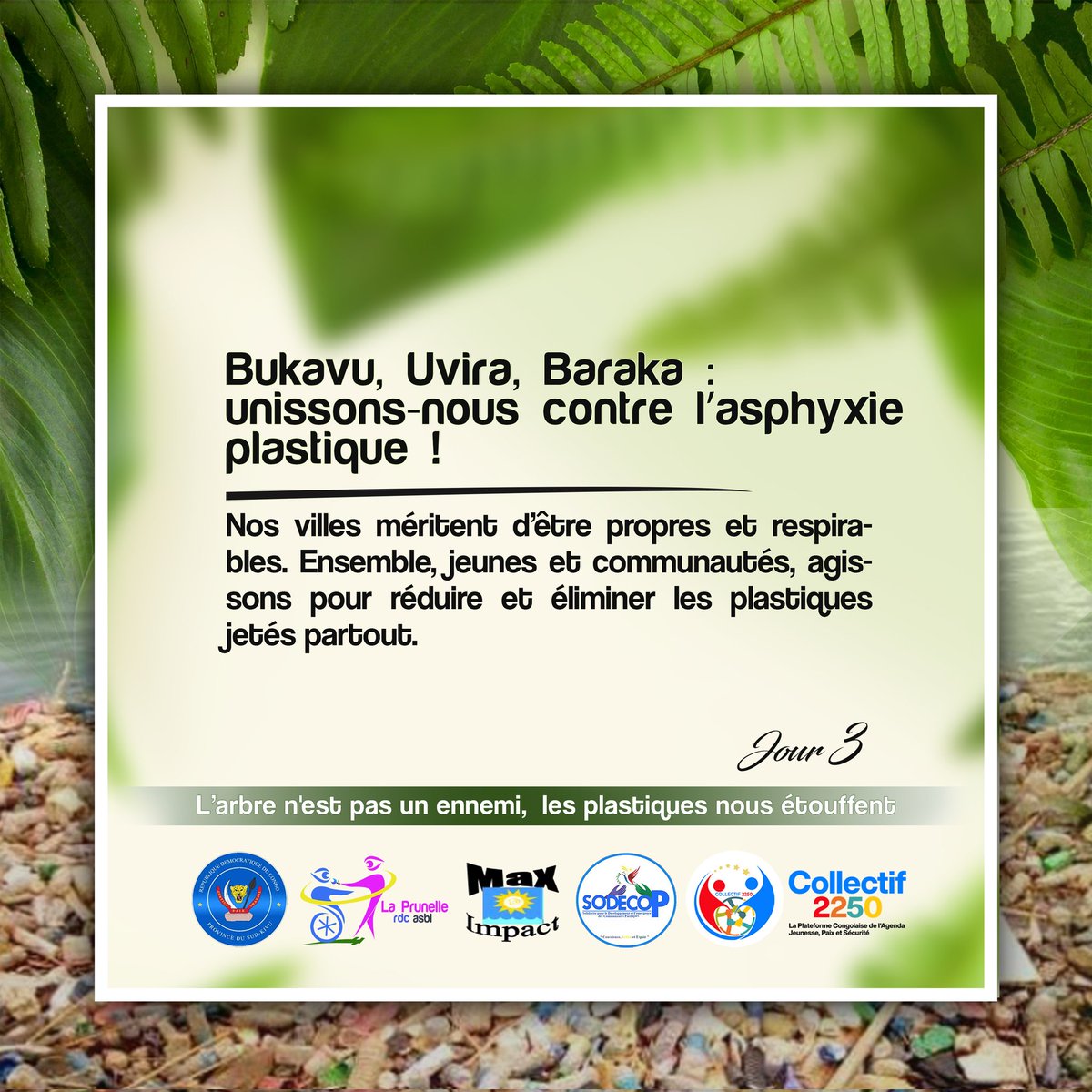 laprunelleasbl's tweet photo. #Bukavu, #Uvira, #Baraka : unissons-nous contre l’asphyxie plastique ! Nos villes méritent d’être #propres et #respirables. Ensemble, jeunes et communautés, agissons pour réduire et éliminer les #plastiques jetés partout.

#LArbreNEstPasUnEnnemi, #lesPlastiquesNousEtouffent https://t.co/NCGUZudSrt