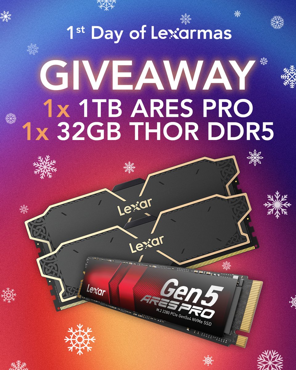 And on the 1st Day of Lexarmas, Lexar gave to me... 🎶

We're giving away the perfect upgrade bundle for your PC!
One winner will receive 1 x 1TB ARES PRO PCIe 5.0 M.2 NVMe SSD and 1 x THOR DDR5 32GB Kit (2x16GB)

To enter:
➕ Follow <a href="/Lexar_Gaming/">Lexar Gaming</a> 
🔁 RT this post
🤝 Tag a friend