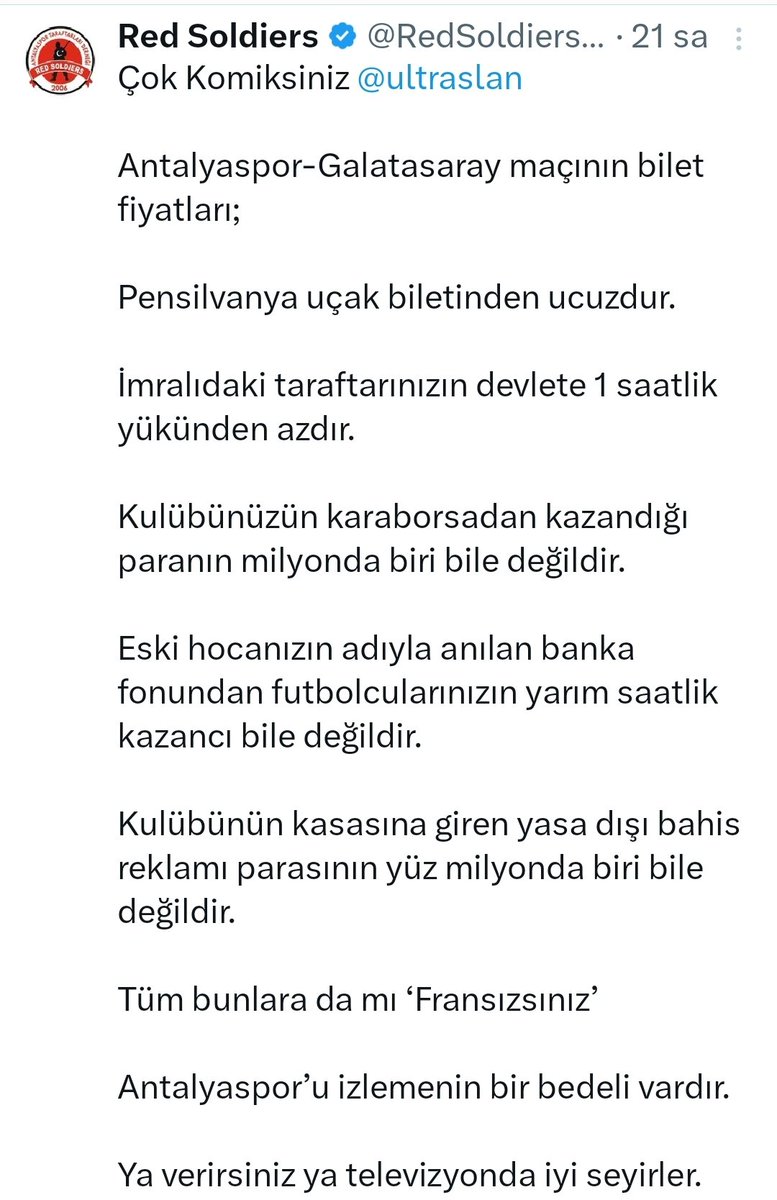 Vay arkadaş. Adamlar 40 yılı bir tweete sığdırmışlar . Tebrik ediyorum <a href="/RedSoldiersASTD/">Red Soldiers</a> . Fakat maçta antalyaspor doğranacak demektir bu. Hazırlıklı olmak gerekiyor futbolda kapkara bir geceye .