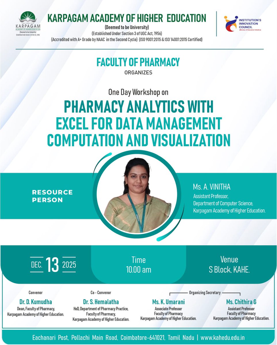 wekaheians's tweet photo. KAHE - The Faculty of Pharmacy is organizing a One-Day Workshop on “Pharmacy Analytics with Excel for Data Management, Computation, and Visualization” on 13th December 2025 at 10.00 AM, at S Block.

#FacultyOfPharmacy #OneDayWorkshop #PharmacyAnalytics #ExcelForAnalytics #KAHE https://t.co/g8bzVSnRp0