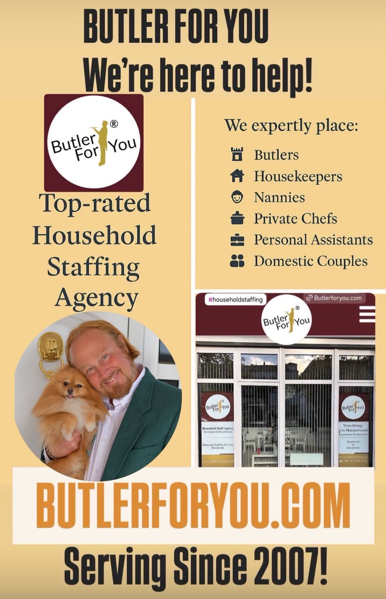 Butler_For_You's tweet image. We are proud to be the Preferred Agency for UHNW clients &amp;amp; Celebrities worldwide. At BUTLER FOR YOU® , we provide a full range of experienced household staff!
✅ Nannies
✅ Housekeepers
✅ Butlers &amp;amp; Household Managers
✅ Personal Assistants
✅ Couples
butlerforyou.com