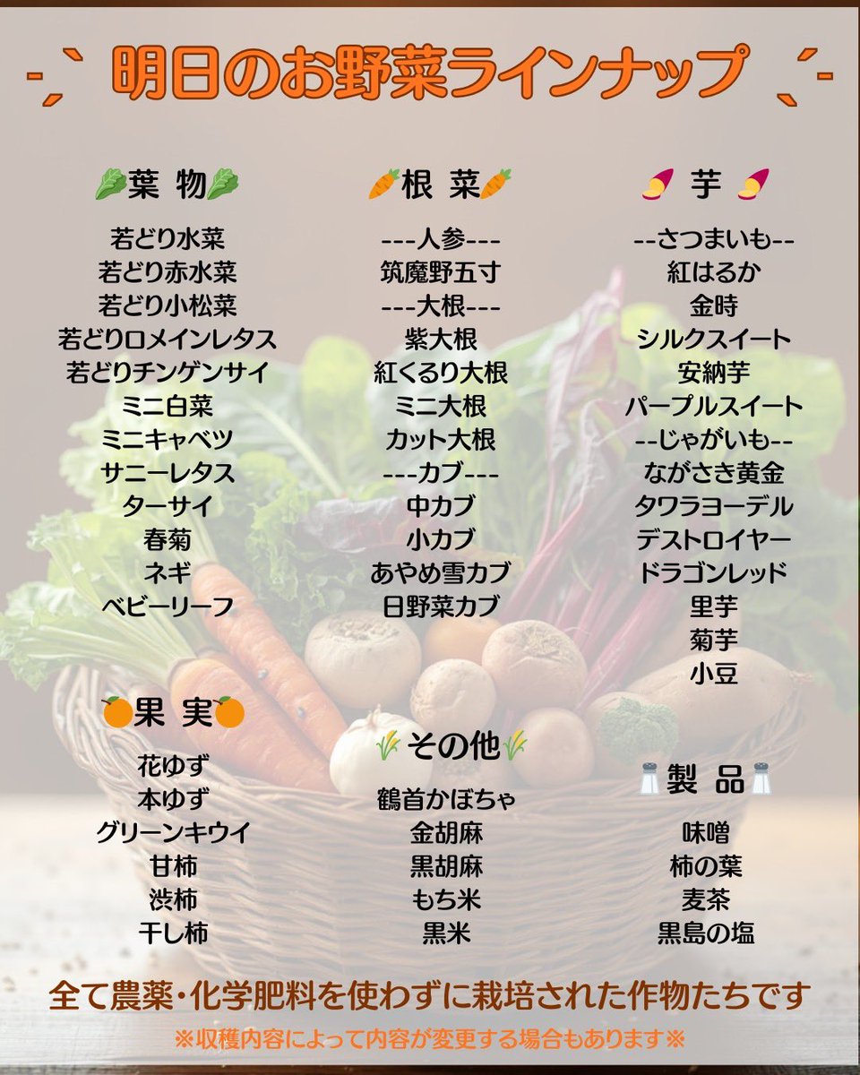 明日販売予定のお野菜ラインナップが届きました📮殆どが今日収穫✨

こんなにたくさんの新鮮な野菜が買える人工島ポートアイランド、最高じゃないか😆

主催：ポートアイランド市民広場
　　　<a href="/Pihiroba/">ポートアイランド市民広場</a> 
　　　ポートアイランド研究会

#ポーアイ #ポートピアホテル
#ポートアイランド市民広場