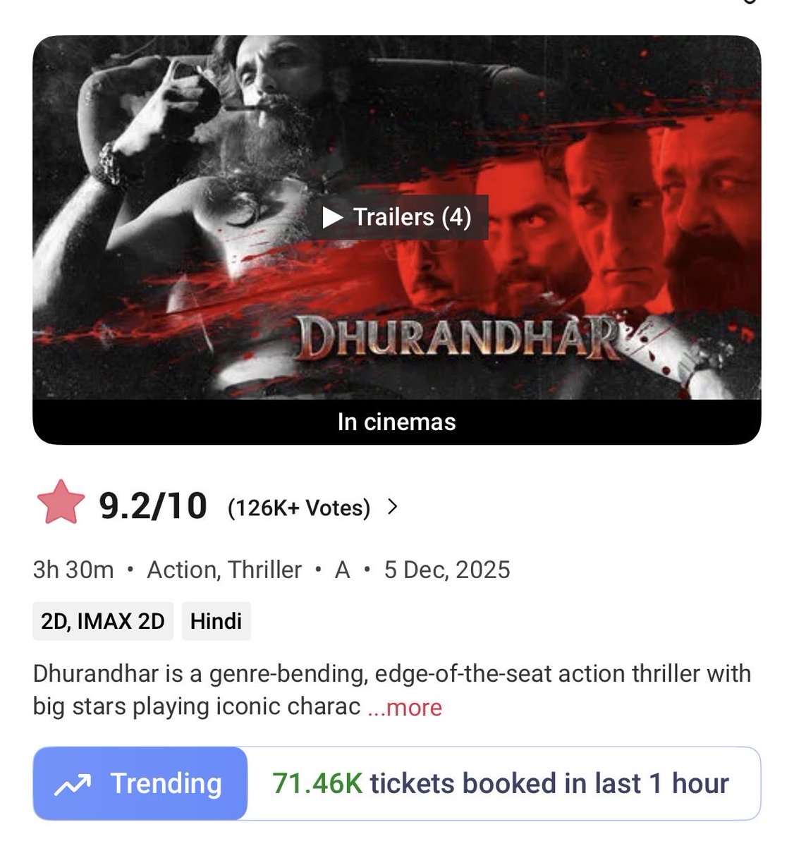 70K+ tickets booked within an hour — Dhurandhar is on fire! 🔥
Moments like these make you proud to be a cinema lover. Pure happiness. 🙌
 #AkshayeKhanna #Dhurandar #movie #RanveerSingh #AdityaDhar