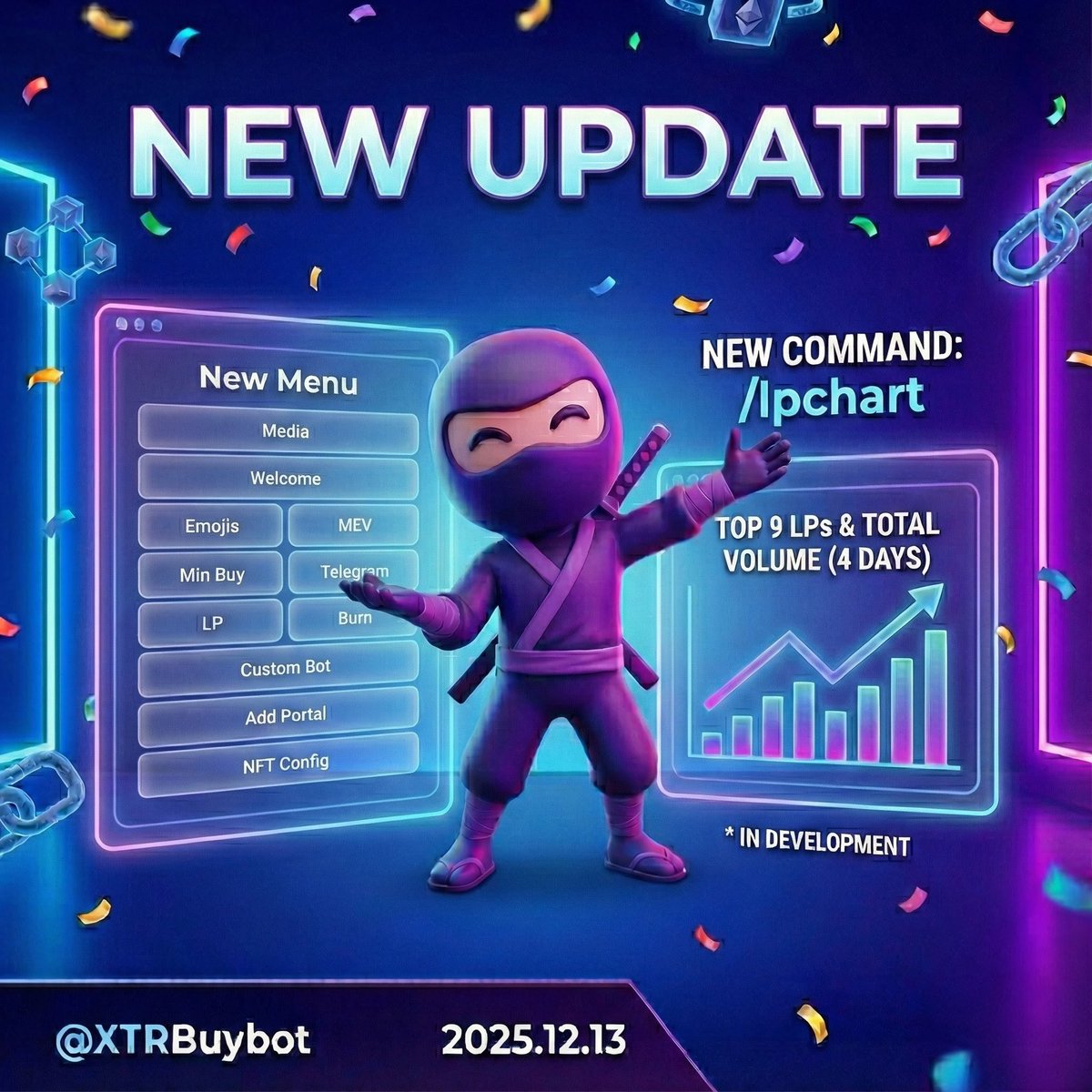 Update 2025.12.13

We have redesigned the settings menu in /configbot.

New Features:
Multiple Buy Media Support: You can now define a specific Image, Video, or GIF for different purchase tiers:

Purchases over 100 XRP
Purchases over 500 XRP
Purchases over 1000 XRP
Or simply set