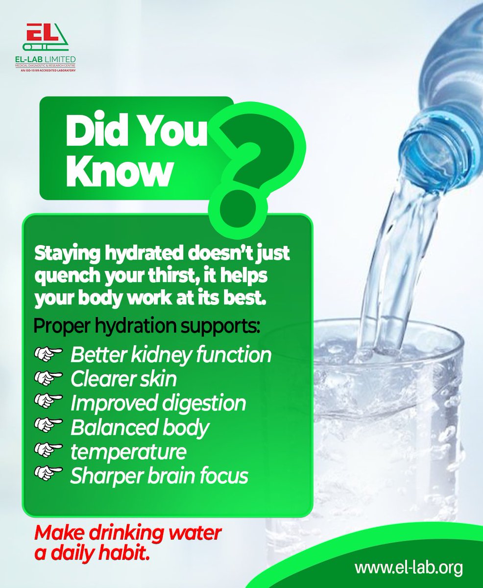 Ellab_ng's tweet image. Hydration tips for your wellness ❤️‍🩹
 
Make drinking water a constant habit!
 
Call: 08127393115 or DM us for more enquiries!

Click the link on our bio to visit our website @ el-lab.org to book a test.

#ELLABCares #YourHealthFirst #TrustedResults