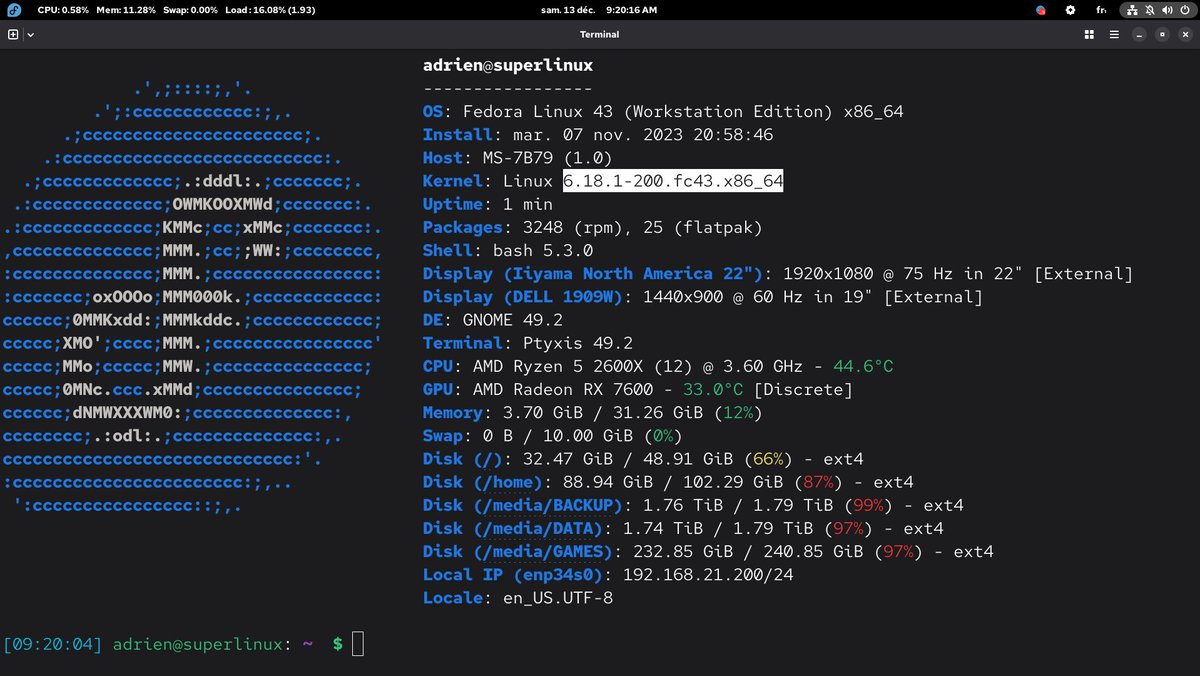 _adriend_'s tweet image. Coucou #Linux 6.18 sur #Fedora :)