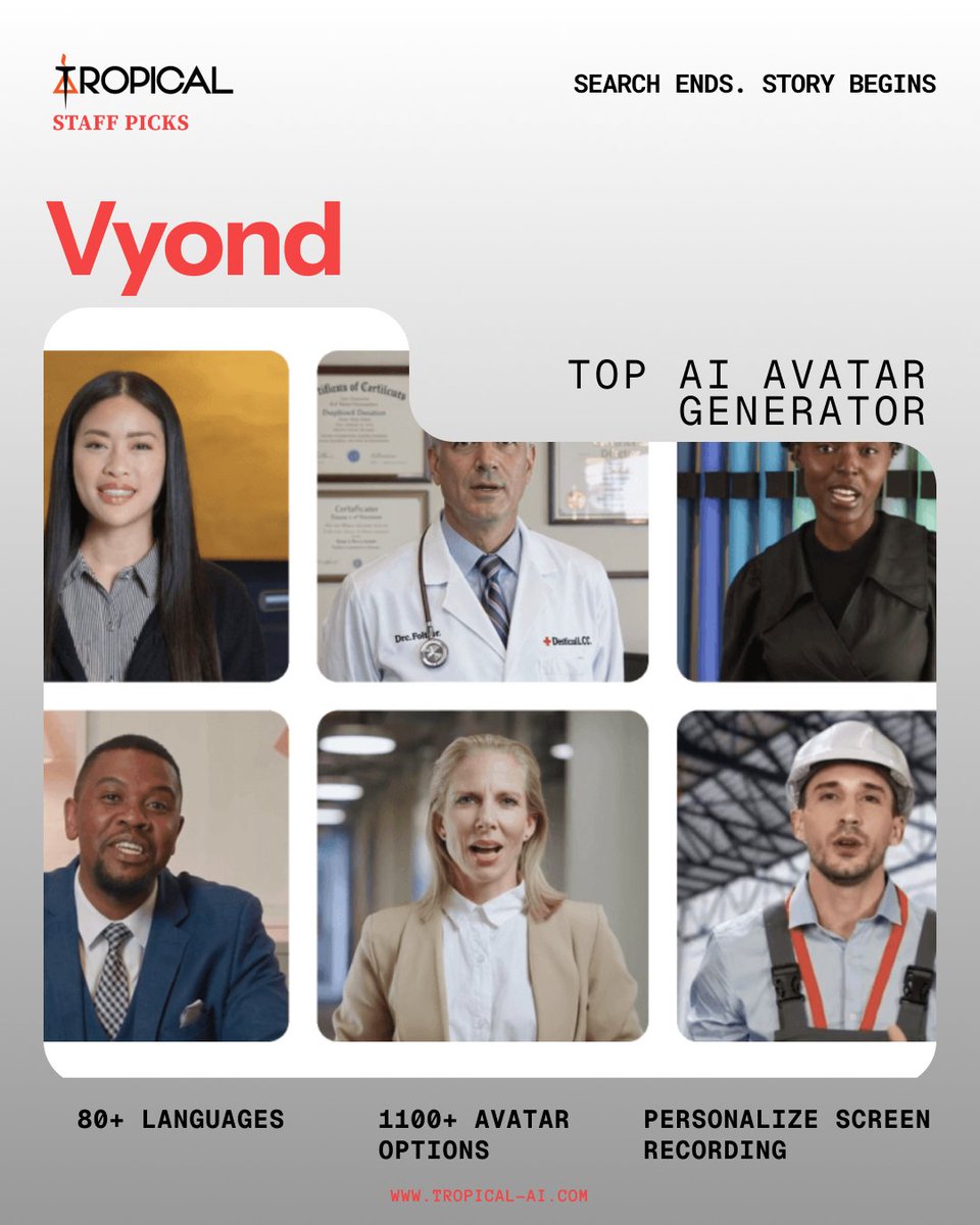 tropical_ai's tweet photo. One of the top AI tools for avatar generation, @Vyond by @alvinhung
There is a right tool for all, and you shall find it on Tropical
#foundontropical #avatargeneration #ai #aitool #toptools #AIavatar #vyond https://t.co/IiJeJDJsBc
