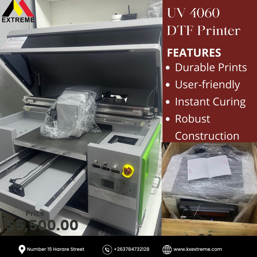ExtremeZim's tweet photo. Take your printing to the next level with our UV 4060 DTF printer! 🚀 Durable, versatile, and perfect for custom orders.

#dtfprinting 
#dtfprintingmachine
#extremezimbabwe
#uv4060 https://t.co/raOtwzb67c