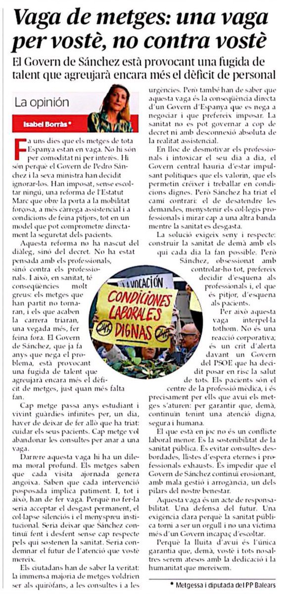 🏥 L’Estatut Marc imposat pel Govern de Sánchez ha duit als metges a la vaga. 

Un estatut que va en contra dels professionals, ja que suposarà més càrrega assistencial, unes condicions de feina pitjors i a una mobilitat forçosa, perjudicant l’atenció als pacients.
Està en joc la