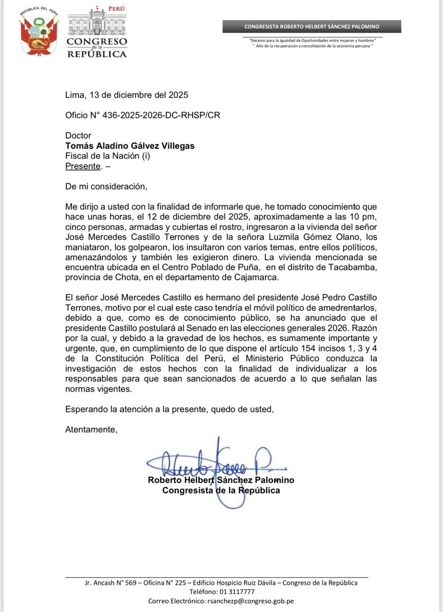 ¡CONDENABLE! Hace unas horas, encapuchados armados irrumpieron violentamente en el domicilio del hermano del presidente Pedro Castillo, en Puña, Cajamarca, agrediendo, maniatando y causando daños a su familia. Este acto cobarde y criminal no puede ni debe quedar impune.

Esta