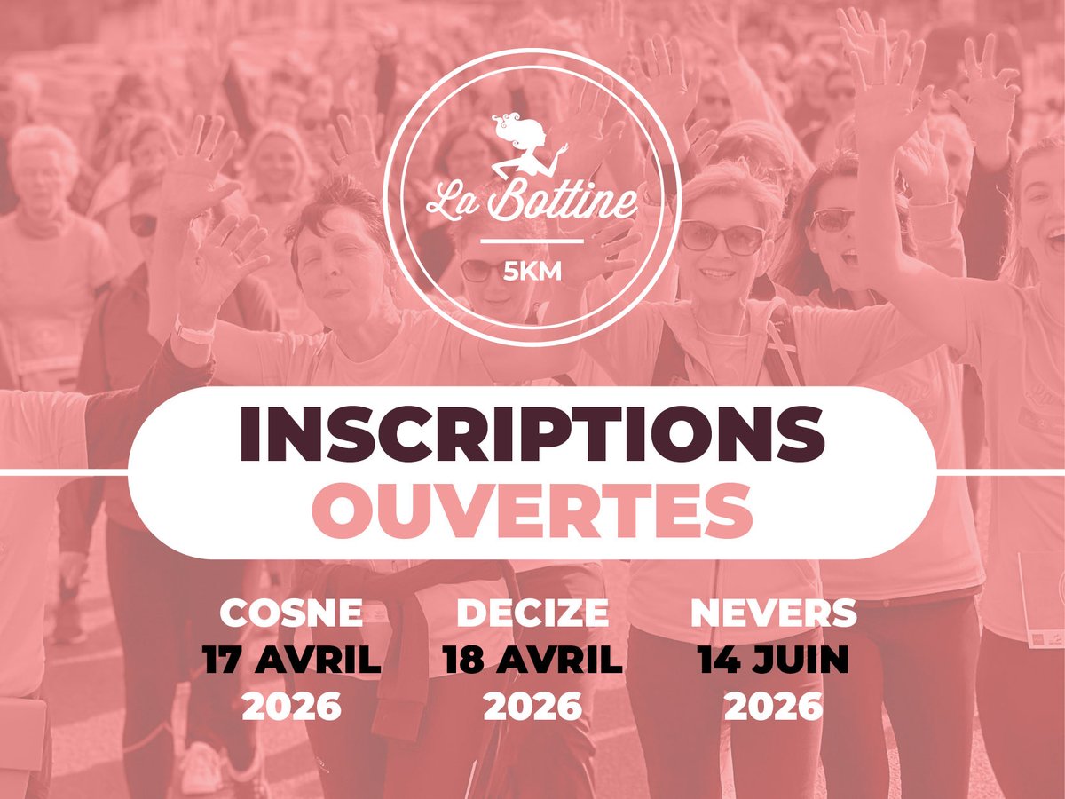 TOP DÉPART ! 🏃‍♀️
Les inscriptions sont ouvertes ! ✍🏻
Venez marcher et courir sur La Bottine 5km ! 

17 avril à Cosne sur Loire
18 avril à Decize
14 juin à Nevers 

Infos et inscriptions sur notre site internet ⤵️
labottinepower.com