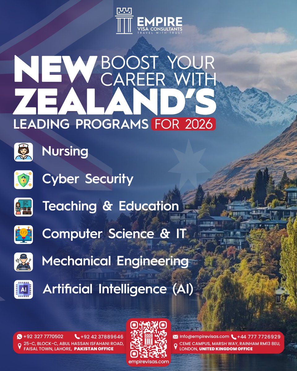 empirevisas's tweet photo. Top Programs in New Zealand 2026 Intake:
• Nursing 
• Cyber Security 
• Teaching &amp; Education 
• Computer Science &amp; IT 
• Mechanical Engineering 
• Artificial Intelligence (AI) 

☎️ +92 327 7770501 | +92 327 7770502 
📧 info@empirevisas.com
🌐 https://t.co/p4J4UmwgNW https://t.co/CcP40o1RNP