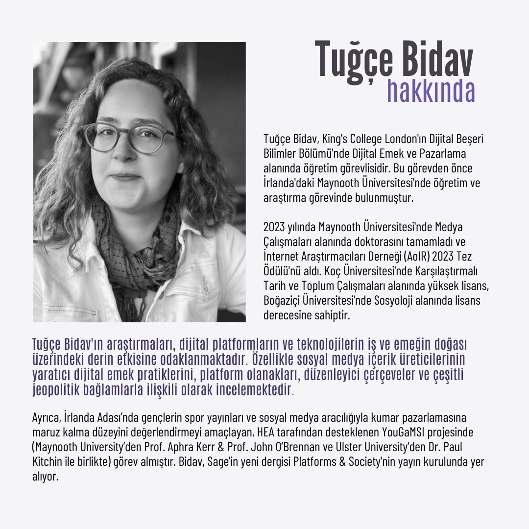 KÜRESEL PLATFORMLAR, YEREL EMEK: TUĞÇE BİDAV İLE DİJİTAL ÜRETİMİN GÖRÜNMEYEN GERÇEKLİKLERİ

Pr Carnet’in Alternatif Medya Ekolojileri ve Dijital Sesler röportaj serisinin yeni bölümünde, King’s College London öğretim görevlisi Tuğçe Bidav ile röportaj gerçekleştirdik.