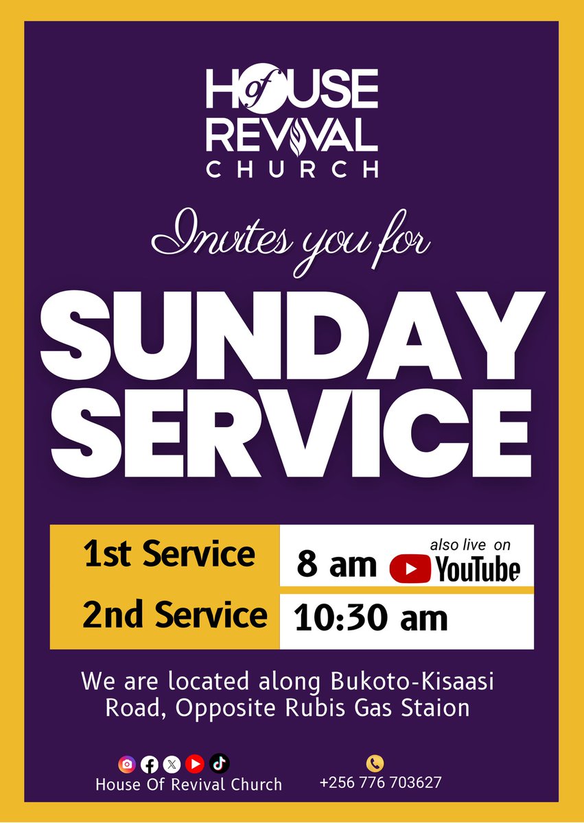 HOR_Ug's tweet photo. ✨ Join us for Sunday Service ✨
House of Revival Church warmly welcomes you for a powerful time of fellowship this Sunday.
🕗 1st Service: 8:00 AM (also live on YouTube)
🕥 2nd Service: 10:30 AM
📍 Bukoto–Kisaasi Road, opposite Rubis Gas Station
#HORSundayService https://t.co/9TGtkUh10q
