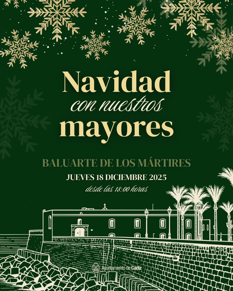 Cadiz_es's tweet photo. ✅ La Delegación Municipal de Personas Mayores celebrará un año más con motivo de las fechas navideñas un encuentro para personas mayores de 60 años. La entrada será libre hasta completar aforo y podrán venir acompañadas de algún familiar menor de esta edad.

⏰ El próximo jueves 18 de diciembre desde las 18:00 horas en el Baluarte de los Mártires.

🎶 El encuentro contará con baile con música en directo y una barra de bar con bebidas y aperitivos.