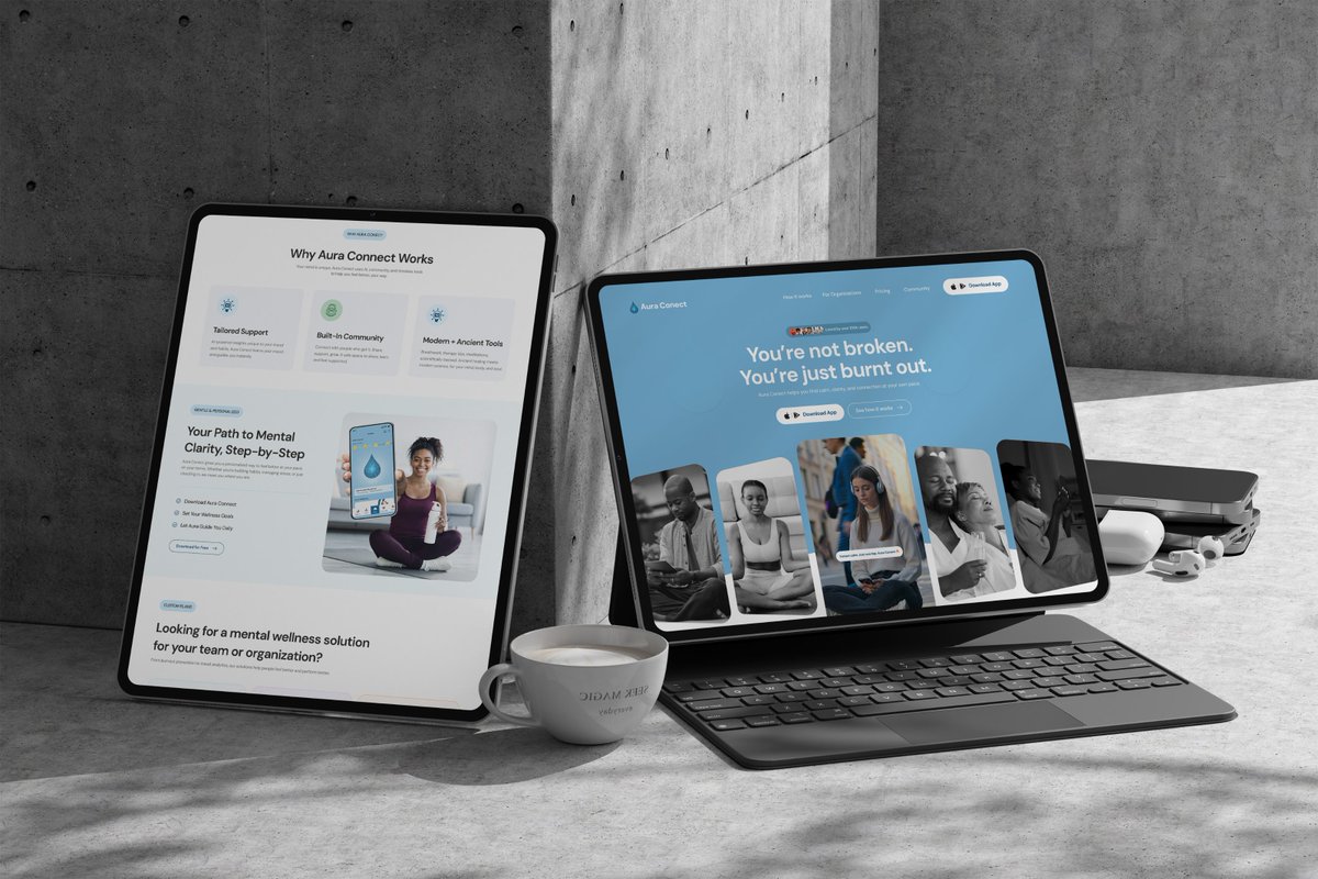 _designbylaja's tweet photo. Here’s a project I worked on recently: AuraConnect, a mental wellness product focused on calm, clarity and better daily habits.

My goal was to design:
• a clean, soothing interface
• simple, supportive flows
• a user experience that reduces overwhelm

You can explore the live website here:
https://t.co/vw87cNRwYO
