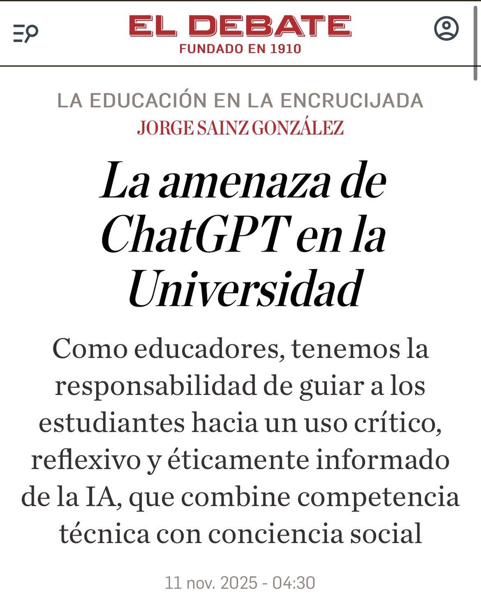 La irrupción de ChatGPT y otras IA en la universidad ha puesto en cuestión el papel del pensamiento crítico. La amenaza no es la tecnología en sí, sino la desvinculación cognitiva: estudiantes que dejan de razonar por sí mismos y delegan su pensamiento en algoritmos. <a href="/jsainzg/">Jorge Sainz</a> en