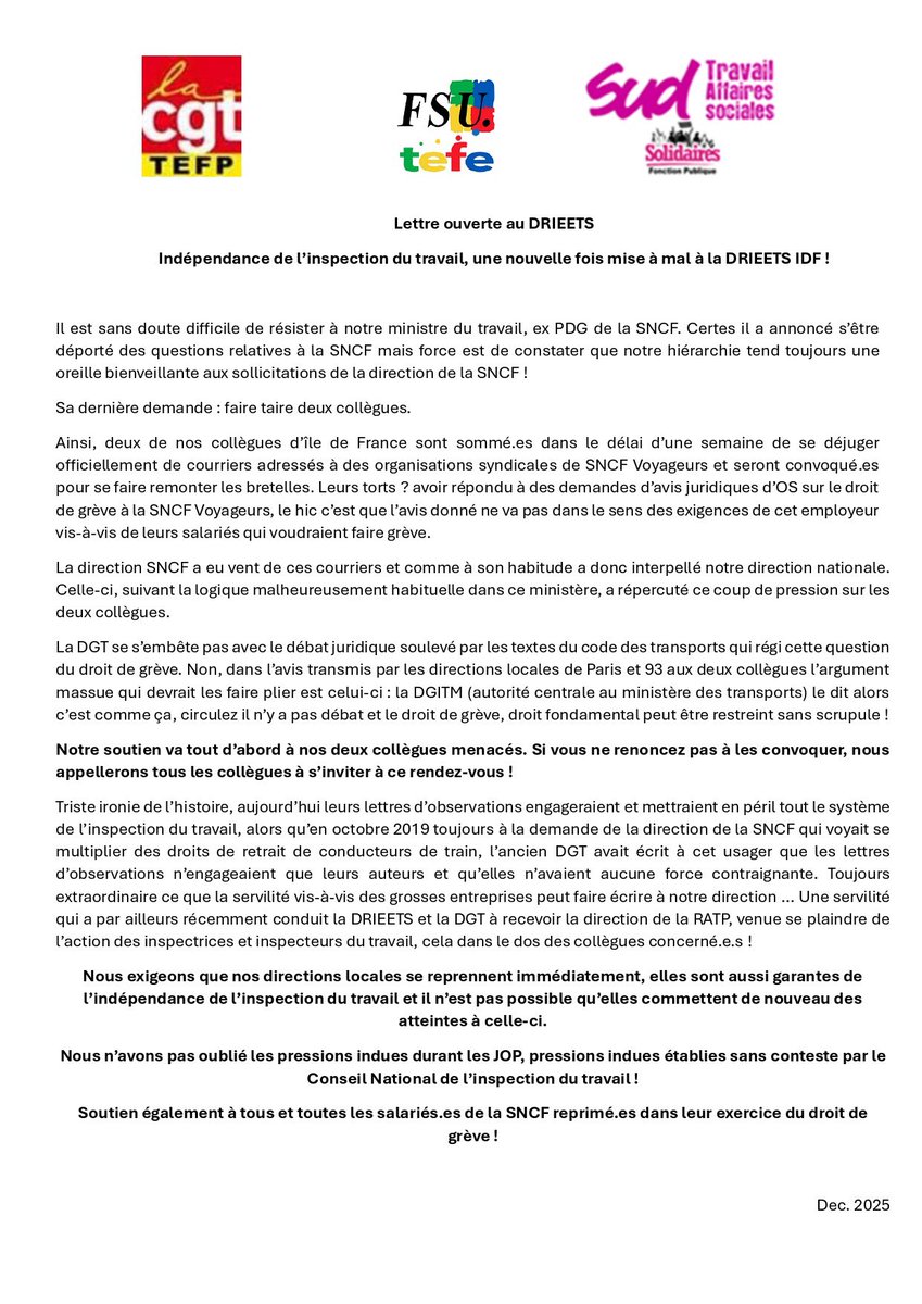 ‼️ INADMISSIBLE ‼️

⛔️ La fédération #SUDRail condamne fermement les pressions subies par des inspecteurs•rices du #travail suite à des interpellations de la #SNCF.

👊 Les procédures d’intimidation ou disciplinaire doivent être stoppées immédiatement. 

🟢 Soutien total aux