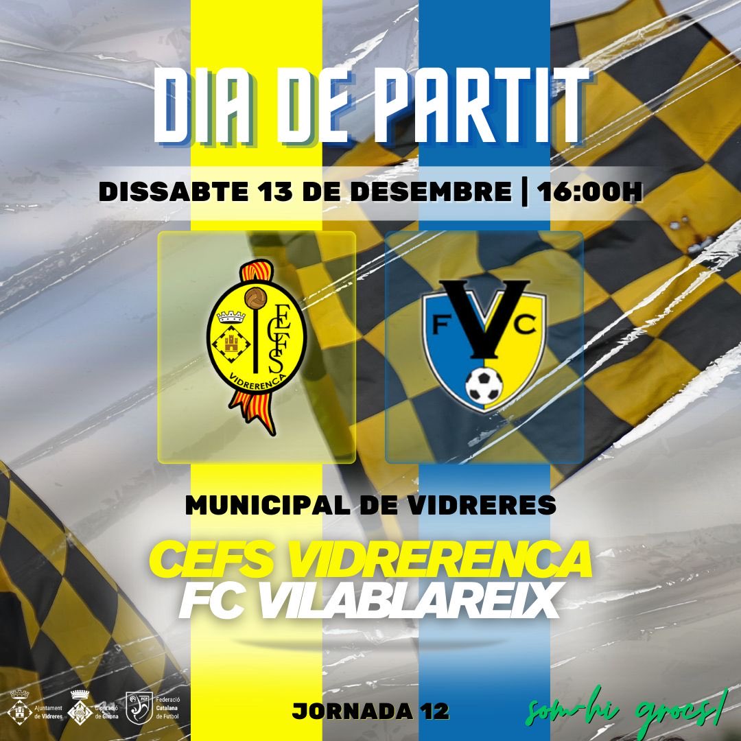 ⚽️ D I A   D E   P A R T I T ⚽️

🆚 <a href="/FC_Vilablareix/">FC Vilablareix.</a> 
🏟 Camp Municipal de Vidreres
🕓 16:00h
👨🏻‍⚖️ Ernest Molina Hernández
⚔️ #2cat1

#somhigrocs