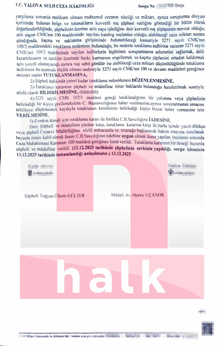 Güllü’nün kızı Tuğyan Ülkem Gülter’in emniyet ve sulh ceza ifadesini okudum. Aleyhe ifade veren Sultan Nur Ulu’nun, korkutulduğu görüşünde. Kaçma planı olmadığını o akşam Yalova’ya dönmek üzere olduğunu söylüyor. Dosyada bir tuhaflık var. Sonuç, yaygın kanaatten farklı çıkabilir.