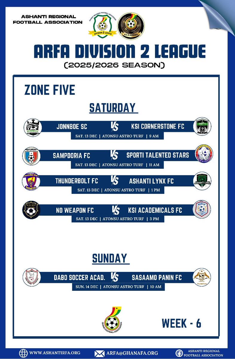 KCornerstoneFC's tweet photo. Ashanti Region Division Two.
Day 6 fixtures 

Johnboe SC vs Cornerstone FC 

We are playing our 6th game this morning. A win is our aim. Our unbeating run continues today. 

#CornerstoneBeba #CSNoRegret #ObeyeYie https://t.co/nCIfnXoCfn