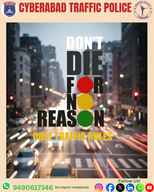 CYBTRAFFIC's tweet photo. Don’t risk your life for no reason. Obey traffic rules.”
“Life is precious—don’t lose it for no reason. Follow traffic rules.”
#CyberabadTrafficPolice
#TrafficRules
#RoadSafety
#SaveLives
#SafeDriving
#ThinkBeforeYouRide https://t.co/LqYJUcxbzA