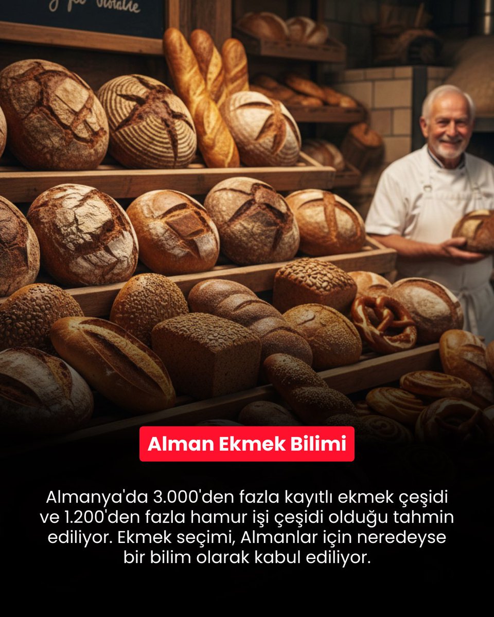 Almanya'da 3.000'den fazla kayıtlı ekmek çeşidi ve 1.200'den fazla hamur işi çeşidi olduğu tahmin ediliyor. Bu çeşitlilik UNESCO Somut Olmayan Kültürel Miras listesine bile aday gösterilmiştir. Ekmek seçimi, Almanlar için neredeyse bir bilim olarak kabul ediliyor.