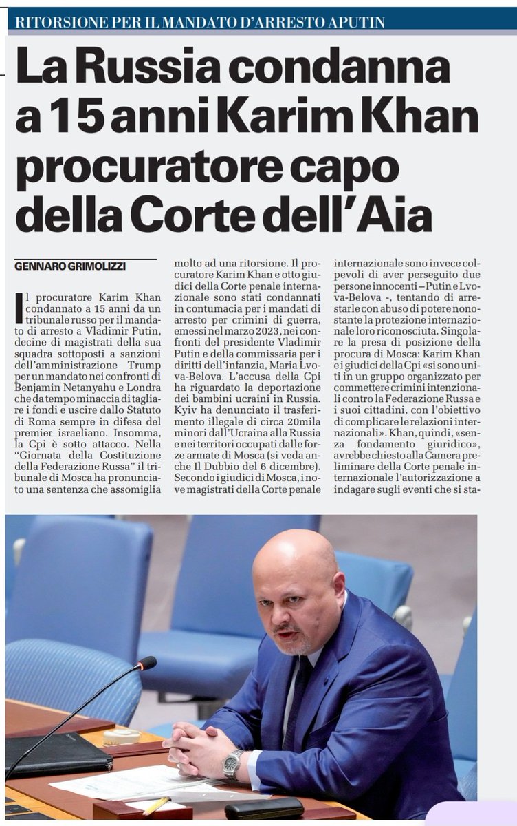 grimolizzi's tweet photo. Oggi IL DUBBIO è uno dei pochi giornali italiani a parlare della incredibile sentenza del tribunale di Mosca che ha condannato il procuratore della Corte penale internazionale e otto giudici della Cpi. https://t.co/5NA5hqrsQY