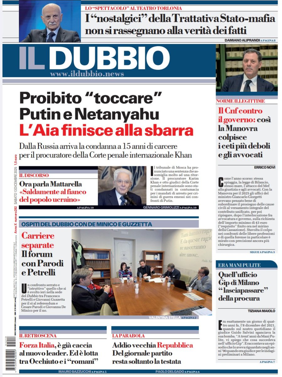 grimolizzi's tweet photo. Oggi IL DUBBIO è uno dei pochi giornali italiani a parlare della incredibile sentenza del tribunale di Mosca che ha condannato il procuratore della Corte penale internazionale e otto giudici della Cpi. https://t.co/5NA5hqrsQY