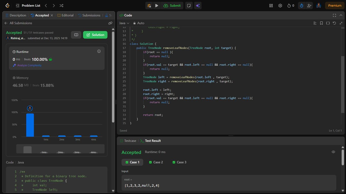 RishirajSingh_X's tweet image. Day 90 of #100DaysOfCode ✅
Solved LeetCode #1325: Delete Leaves With a Given Value 🍃🪓
A clean recursion-based tree problem — pruning logic felt smooth and intuitive 💪
Feeling more confident than ever with recursion and tree manipulation 🚀
 #LeetCode #BinaryTree #Recursion