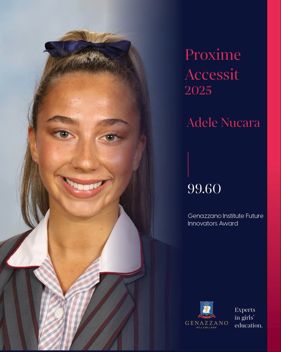GenFCJ's tweet photo. Proxime Accessit 2025 — Congratulations, Adele Nucara!

We are proud to celebrate Adele Nucara, one of our highest-achieving students for 2025, who achieved an incredible ATAR of 99.6. 

#Schoolgirls #Girls #school #Education #Melbourne https://t.co/eyL9UQTcjR