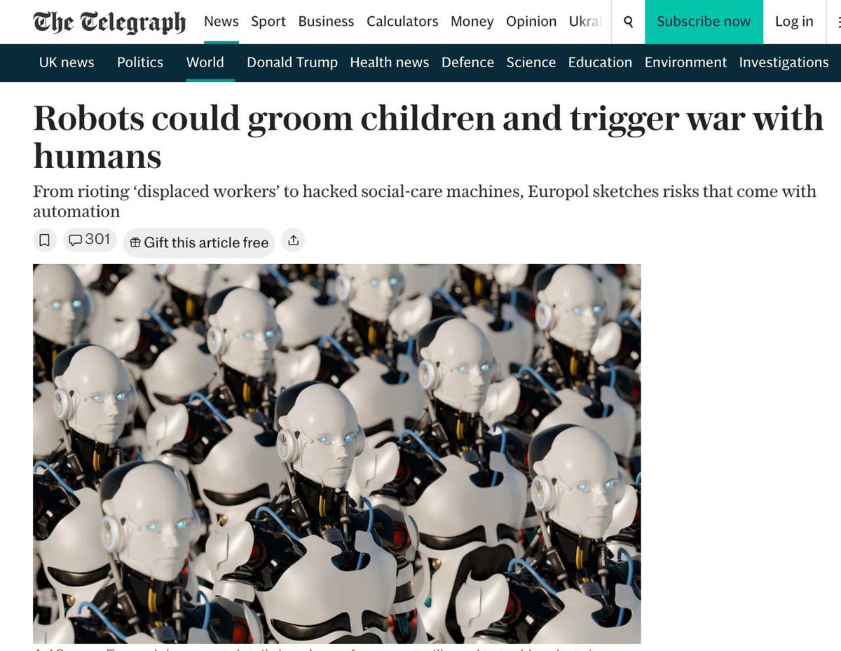 Europol zit weer in een glazen toren in Brussel te bibberen met een Excel sheet en een angststoornis.
2035.. oorlog tussen mens en machine.
Ja schat, alsof ik niet NU AL elke dag ruzie heb met me telefoon, de pinautomaat en dat kut algoritme dat me posts begraaft. 

Ze zeggen..