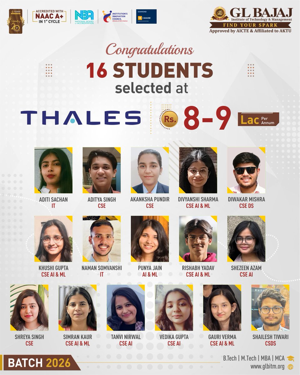 Heartiest congratulations to our 16 brilliant students from Batch 2026 for getting placed at Thales with an impressive package of ₹8-9 LPA! 💼✨

GLBITM continues to empower young minds to turn dreams into reality and build a successful future in technology and innovation. 🚀
