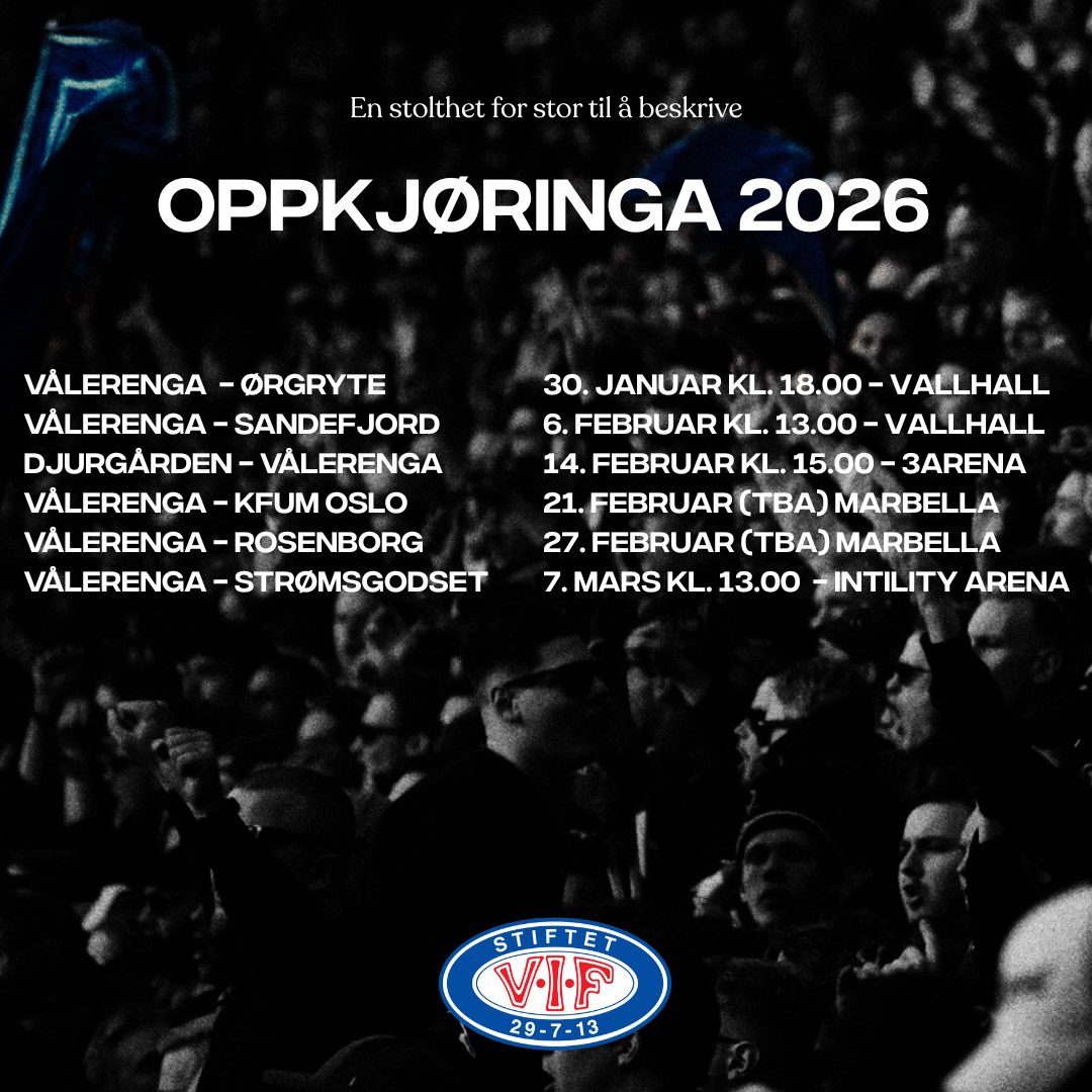 ValerengaOslo's tweet image. Dette er oppkjøringa til første serierunde 2026 👇🏼 
vif-fotball.no/nyheter/oppkjo…