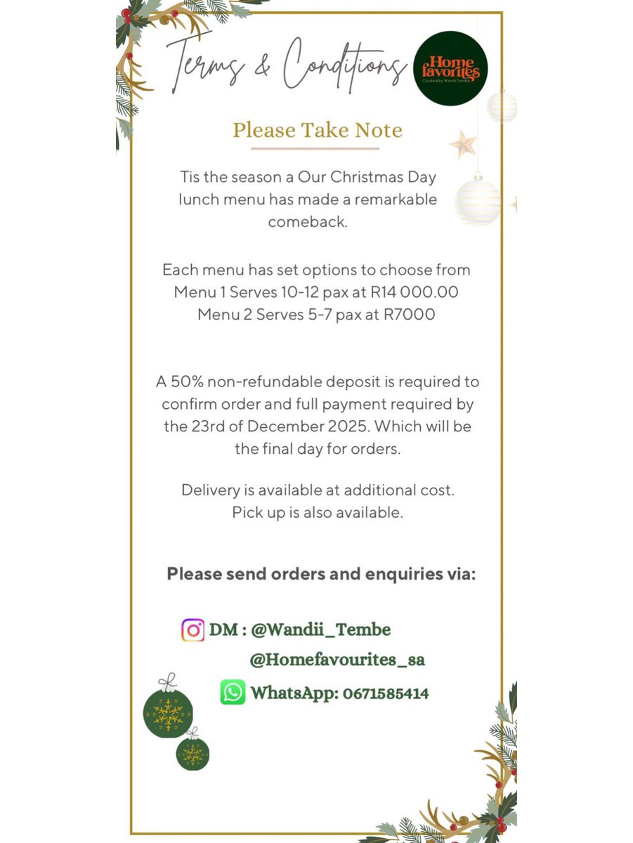WandileTembe2's tweet photo. Tis the season 🎄 Our Christmas Day lunch menu has made a remarkable comeback. If you need Christmas lunch handled in Durban. 

Each menu has set options to choose from. 
Menu 1 Serves 10-12 pax at R14 000.00
Menu 2 Serves 5-7 pax at R7000.00

Please retweet and share 🤍🎄 https://t.co/AaYiEEl7Kw