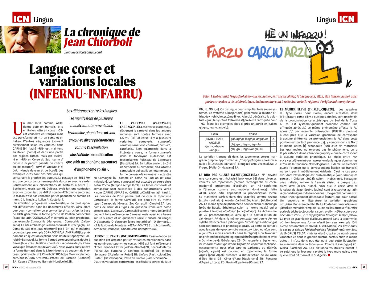 Langue corse et variations locales: INFERNU/INFARRU (Jean Chiorboli, icn.corsica, vendredi 3 octobre 2025, chronique 96). Contact, infos &amp; texte intégral: linguacorsica@gmail.com