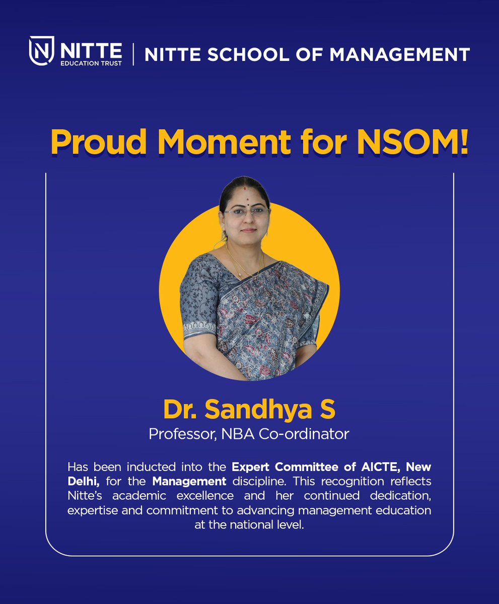 NSOM_BLORE's tweet photo. 💼 A proud moment for NSOM! Dr. Sandhya S joins the AICTE Expert Committee, taking the Nitte legacy of academic excellence to new heights. ✨

#ProudMoment #NSOM #Nitte #AICTE #ManagementEducation #NitteSchoolOfManagement #PGDM #NationalRecognition #ExpertCommittee #Milestone https://t.co/PNYBW26RSZ