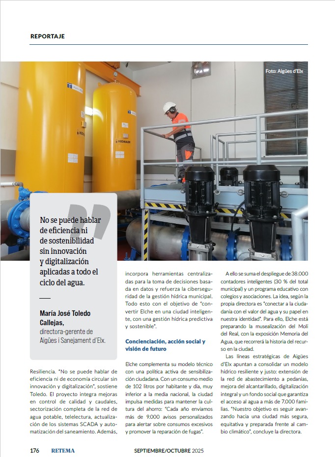 aigueselx's tweet photo. 🌊 Elche, referente nacional en gestión hídrica sostenible

Reportaje publicado por la revista profesional RETEMA, en el que nuestra Directora Gerente, María José Toledo, presenta nuestro modelo de gestión del agua. 

📖 https://t.co/qIcFLSdD4V

#PERTE_CicloDelAgua #H2OasisElx https://t.co/GjcPajP6qP