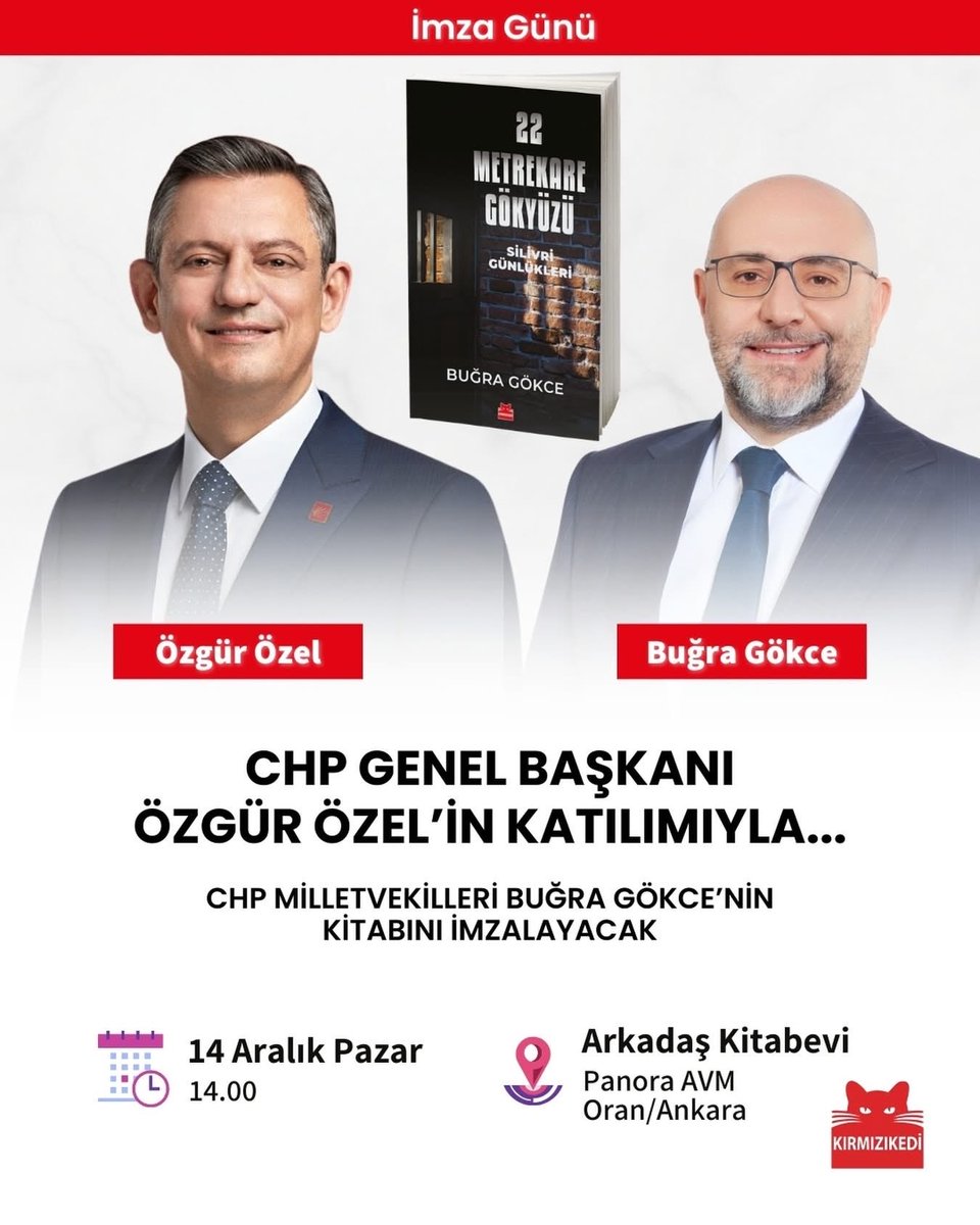 Yarın (PAZAR) 14.00’te Genel Başkanımız Sn. Özgür Özel’in de katılacağı imza gününde yol arkadaşımız Doç. Dr. Buğra Gökçe’nin Silivri Cezaevi’nde yazdığı kitabının imza gününde buluşmak dileğiyle.

PAZAR
14.00
Panora - Arkadaş Kitabevi

<a href="/eczozgurozel/">Özgür Özel</a> 
<a href="/gokcebugra/">Doç. Dr. Buğra Gökce</a>