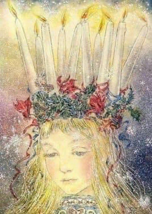 Today is the feast of the Christian martyr, St Lucy, a Catholic saint and patron of the blind. Legend says it was she who fed the Christians hiding in the dark Roman catacombs, wearing a garland of candles on her head to light her way in the darkness. 
🖼️Sulamith Wülfing.