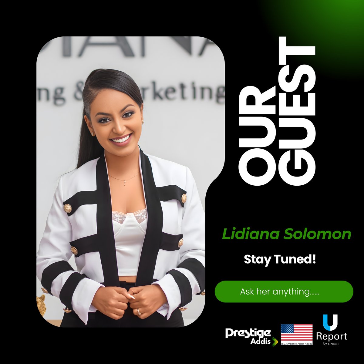 prestigeaddis's tweet photo. Meet our Guest, Lidiana Solomon, Model, Brand Ambassador, and multi-talented creative with a strong impact across media &amp; culture.

In collaboration with the U.S. Embassy and U-Report.

Questions? Drop them below. Stay tuned.

#PrestigeAddis #LidianaSolomon #UReport #USEmbassy https://t.co/3LbGUBVWAa