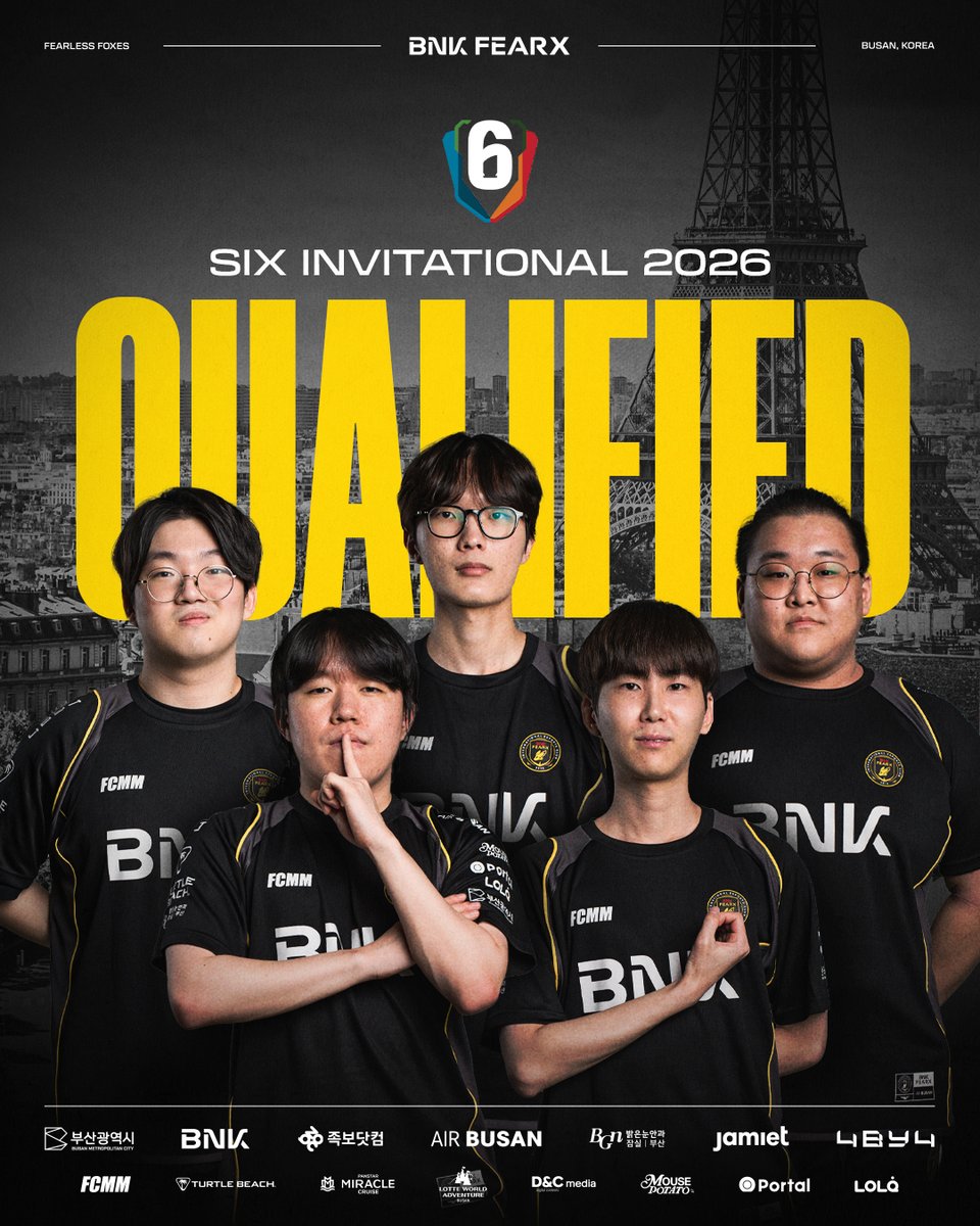 𝐐𝐔𝐀𝐋𝐈𝐅𝐈𝐄𝐃 𝐅𝐨𝐫 𝐒𝐢𝐱 𝐈𝐧𝐯𝐢𝐭𝐚𝐭𝐢𝐨𝐧𝐚𝐥 𝟐𝟎𝟐𝟔 🇫🇷

BNK FEARX R6 팀이 Six Invitational 2026에 진출합니다! 
세계 최고의 무대에서, 그동안의 경험과 성장을 담아 
더 강력한 경기력으로 팬 여러분의 응원에 보답하겠습니다.
BNK FEARX R6 Team advances to the Six