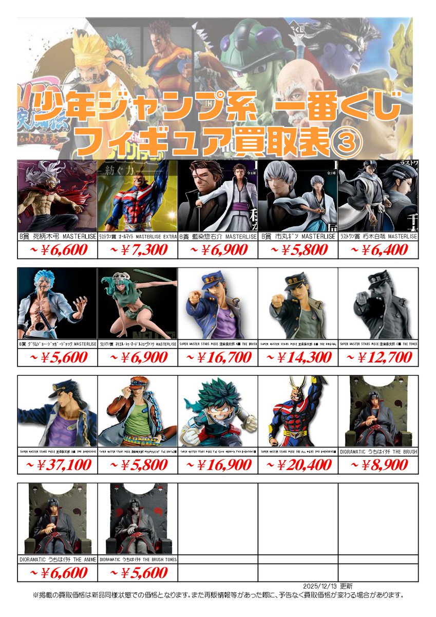 📣 ジャンプ系 #一番くじ 買取表 12/13付 ＼ 系列3店舗・宅配買取