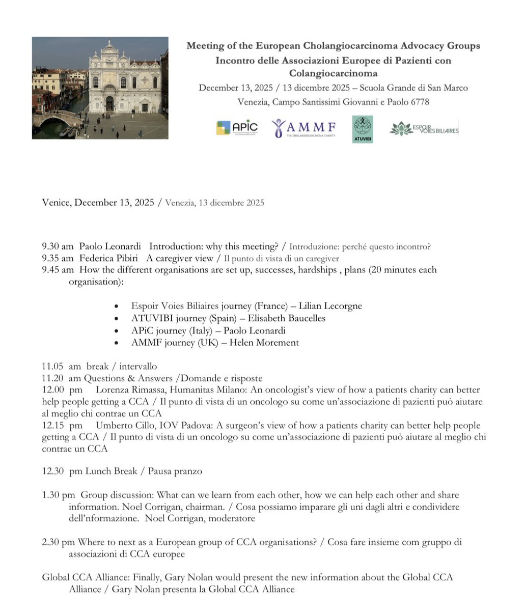 LorenzaRimassa's tweet photo. Meeting of the European #CCA advocacy groups in Venice #APIC @CharityAMMF @atuvibi #EspoirVoiesBiliares
#cholangiocarcarcinoma #BTC @PrecisionBTCnet @CcaEns @curecc @HUNIMED @HumanitasMilano https://t.co/Snre6RFztH