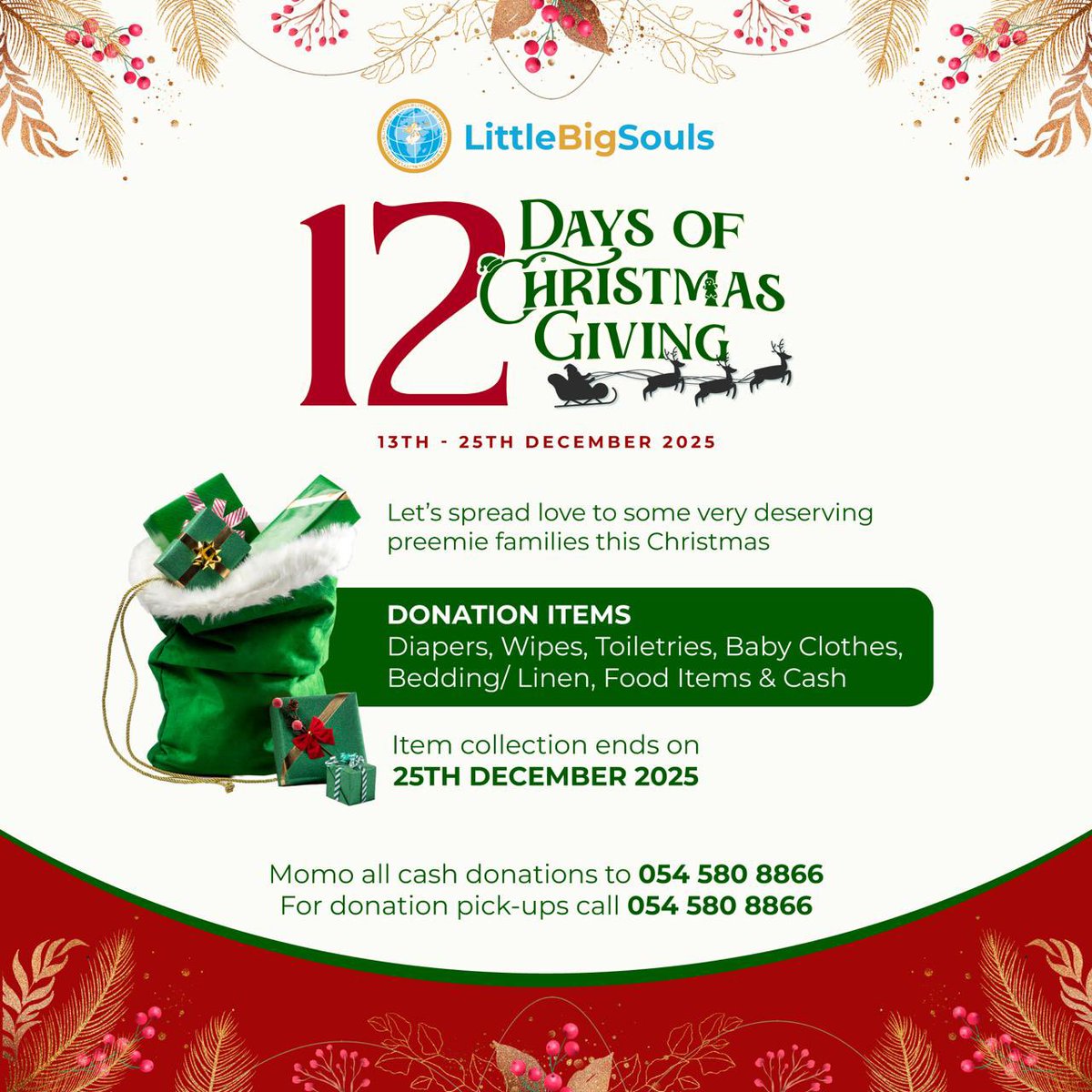 Join our 12 Days of Christmas Giving as we spread joy, love, peace this  season. Help us support preemie families in NICU with essential items.
Every donation brings hope.
Momo: 054 580 8866
Call for pick-ups: 054 580 8866
Let's spread love to those who need it most this season!