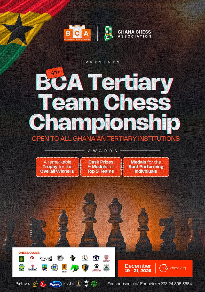 BrilliancyChess's tweet image. The countdown is ON! 

All across the nation, tertiary chess clubs are revving up their engines , sharpening their strategies , and gearing up for the most electrifying showdown of the year - the 4th BCA Tertiary Team Chess Championship!

Let the battles begin! ♟️🔥