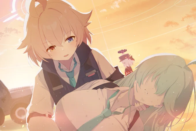 #ブルアカ if 世界線 ゲヘナの生徒の協力を得て、 先生とホシノはアビドス砂漠を進んでいた。 荒れた風に砂が舞い、視界は決して良くない。 それでも、立ち止まることはできなかった。 やがて-- 砂の上に、見覚えのあるものが転がっているのを見つける。 先生とユメが、